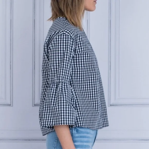 Félicité Gingham open front navy and white. 3/4 bell sleeves. - Picture 2 of 5
